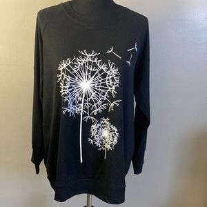Dandelion Wishing Flower Black Crewneck Lightweight Sweatshirt Sz XL NWOT